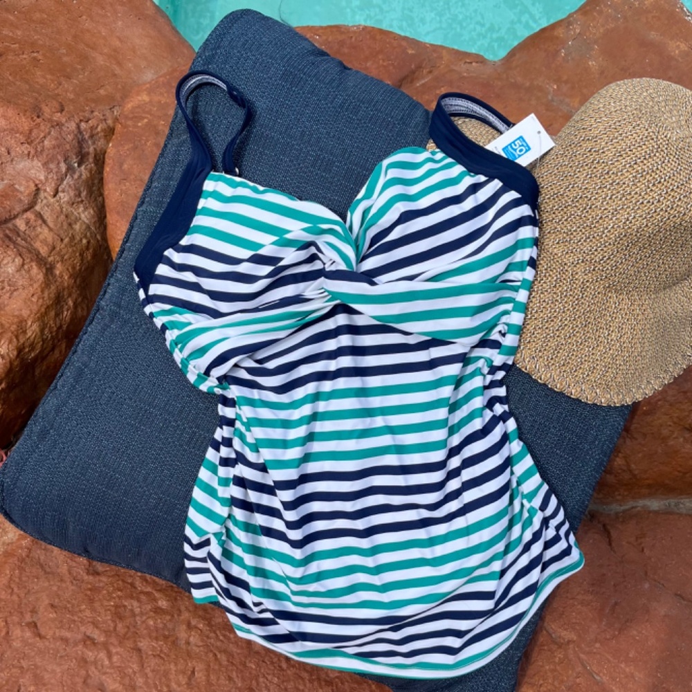 Lands' End Striped Twist-Front tankini top in Navy, White & Teal